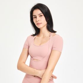 Women's Fashionable Temperament Yoga Clothes Short-sleeved Top With Chest Pad (Option: Cherry Blossom Powder-S)