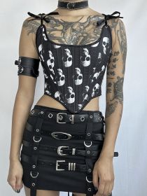 Dark Gothic Punk Spicy Girl Retro Skull Head Print Corset Tie Up Chest Vest (Option: XS)