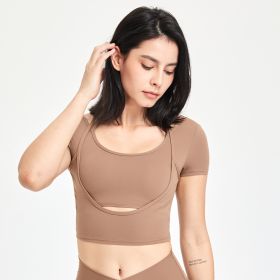 Women's Fashionable Temperament Yoga Clothes Short-sleeved Top With Chest Pad (Option: Cocoa Color-S)