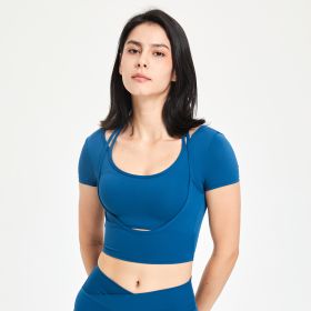 Women's Fashionable Temperament Yoga Clothes Short-sleeved Top With Chest Pad (Option: Bluish Green-S)