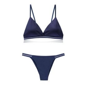 Light Luxury Edition Ice Silk Chest-wrapped Women's Beauty Back Underwear Women's Pure Desire Bra Set Bikini (Option: Dark Blue-S)