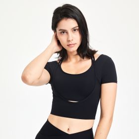 Women's Fashionable Temperament Yoga Clothes Short-sleeved Top With Chest Pad (Option: Black-S)