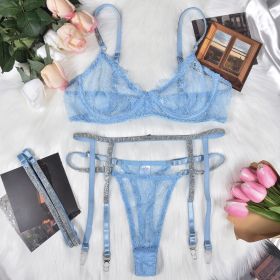 Women's Underwear Lace Three-point Rhinestone Leg Ring Three-piece Set (Option: Light Blue-M)