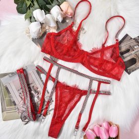 Women's Underwear Lace Three-point Rhinestone Leg Ring Three-piece Set (Option: Red-S)