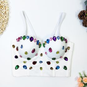 Beaded Fishbone Spaghetti Straps Outerwear Corset Short Skinny Gem Colorful Crystals Tube Top (Option: White-36B)