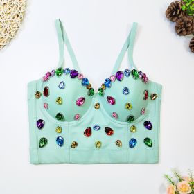 Beaded Fishbone Spaghetti Straps Outerwear Corset Short Skinny Gem Colorful Crystals Tube Top (Option: Light Green-36B)