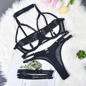 Sexy Lingerie Complex Interwoven Push Up Heavy Industry Four-piece Leg Ring (Option: Black-M)