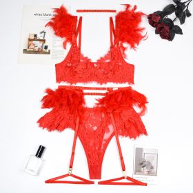 Feather Sexy Lingerie Lace Women Underwear Bra Panty (Option: Red-M)