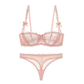 Half Cup Lace Ultra-thin Bra Set Bow With T-back (Option: Pink-70B)