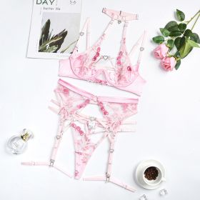 Summer New Complex Craft Love Drill Buckle  Cutout Embroidery Halter Underwear Set (Option: Pink-L)