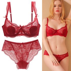 Women's Sexy Lace Transparent Super Thin Push Bra Set (Option: Red-85A)