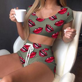 Round Necked Milk Silk Lip Print Women's Pajama Set (Option: 4style-L)